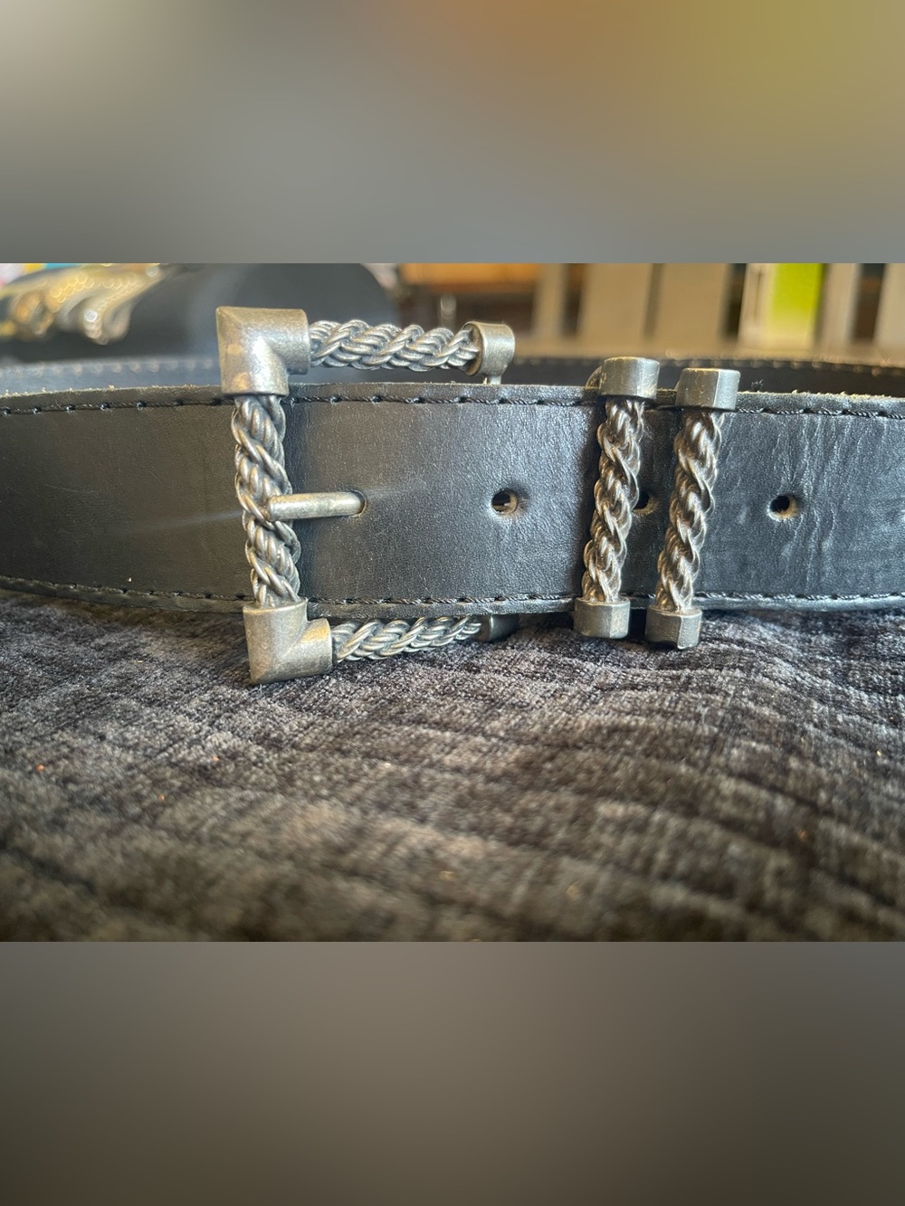Women's Black Leather Belt with Braided Silver Buckle Detail